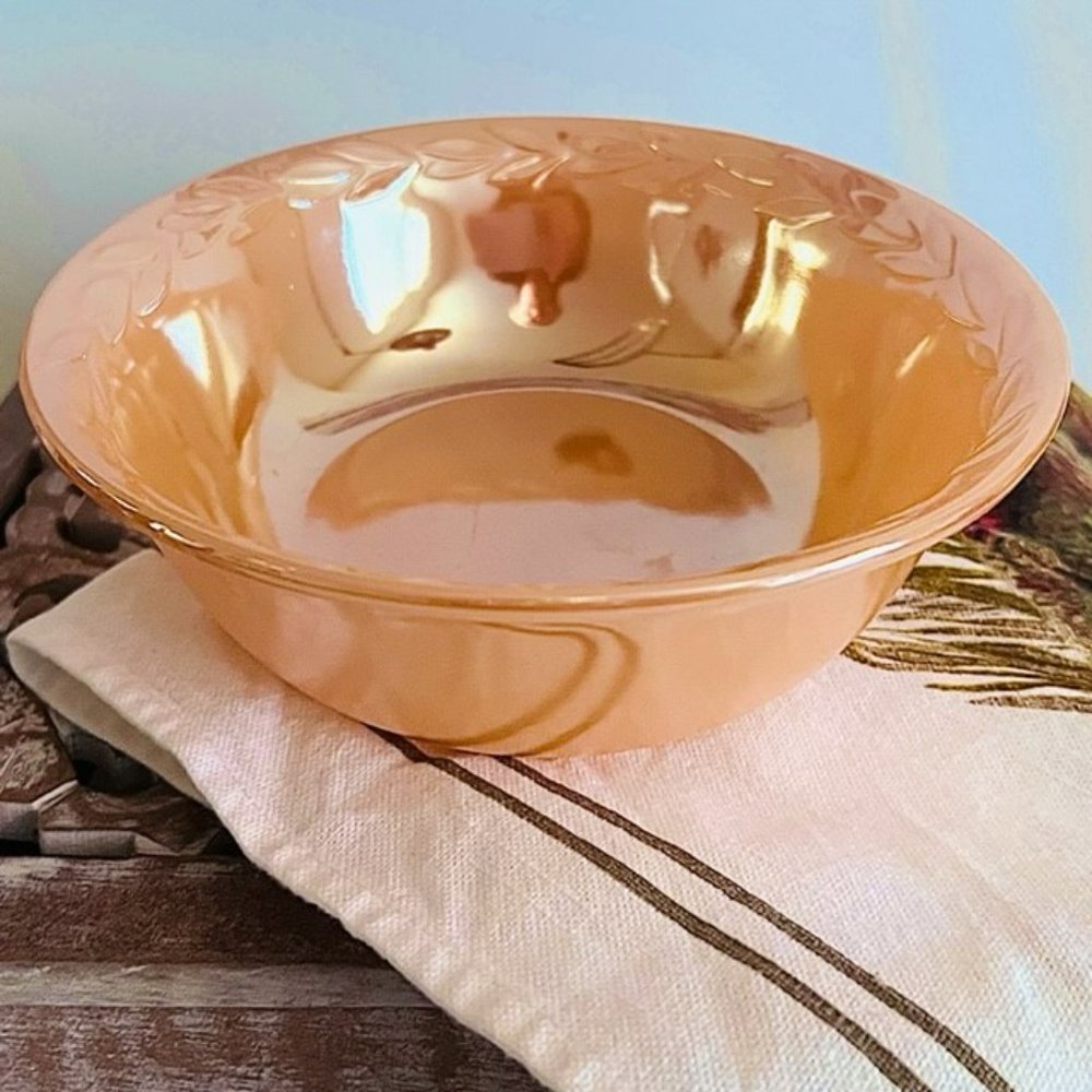 Vintage Fire King Oven Ware Peach Luster Leaf Pattern Bowl